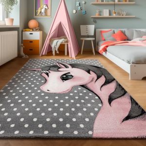 Tapis Licorne Enfant - Gris Rose - Rectangle - 160 cm rond