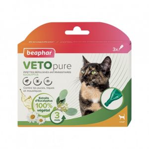 Beaphar VETOPURE – Pipettes répulsives antiparasitaires pour chat – Aux extraits d'Eucalyptus et de Pyrèthre – Contre les puces, tiques et moustiques – Protection 3 mois – 3 pipettes