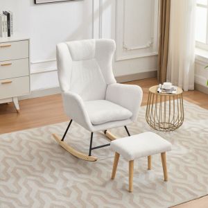 Fauteuil à bascule 69x87x98 cm - Avec repose-pieds et dossier haut - Bascule 30° - Coussins amovibles - Blanc