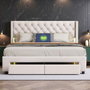 Lit Double 140x190 - Lit Coffre avec Tiroirs - Velours Blanc - LED RGB - 2 Ports USB