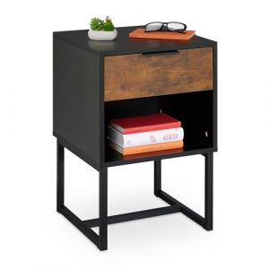 Relaxdays Table de Chevet, tiroir, Design Industriel, mélange de matériaux, HLP : 60,5 x 40 x 41,5 cm, Noir et Marron