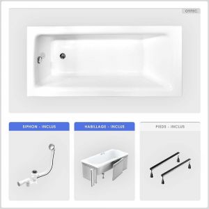 Baignoire rectangulaire - 170 x 75 cm - avec Habillage - Pieds - Vidage Chrome - TALIA SLIM