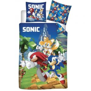 Sega Gamer - Parure de Lit Enfant Sonic, Tails et Knuckles, Lit 1 place, Housse de couette 140x200 cm, Taie d’oreiller 63x63 cm