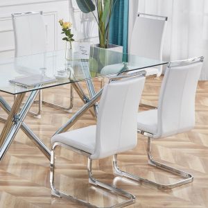 Lot de 4 Chaises cantilever en similicuir - structure en métal chromé - Blanc