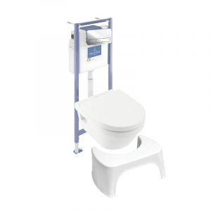 Villeroy & Boch Pack WC sans bride Architectura abattant + bâti-support sol et mur + plaque chromée brillant + Tabouret blanc