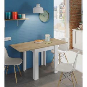 Table extensible Dkuavit, Table à manger pliante avec ouverture de livre, Table auxiliaire pliable, 67x67/135h79 cm, Blanc et Chêne - Dmora