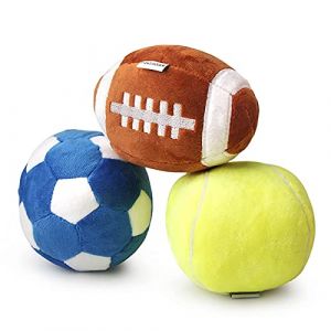 Lot de 3 jouets pour chiens de taille moyenne, jouets pour petits chiens, balle de rugby, football et balles de tennis pour chiens, remplis de jouets couineurs moelleux pour chien pour l'extérieur