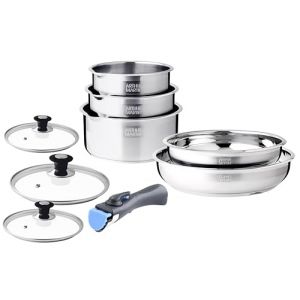 Arthur Martin Set de Cuisine 10 pi&egrave;ces en Acier Inoxydable - 2 Po&ecirc;les (24-26 cm), 3 Casseroles (16-18-20 cm), 3 Couvercles en Verre, 1 Ustensile en Nylon, Tous Feux Induction, Pratique et Ergonomique
