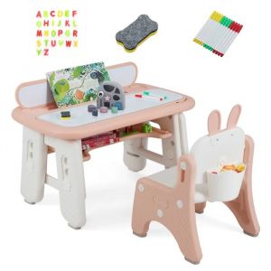 COSTWAY Ensemble Table et Chaise Enfant-39 Accessoires-2 Planches &agrave; Dessin Magn&eacute;tique Effa&ccedil;able-&Eacute;tag&egrave;re de Rangements 1-12 ans Rose