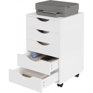 Caisson de Bureau avec 5 Tiroirs, Armoire à Dossiers sur roulettes, Meuble de Chevet, Commode de Rangement Mobile en Bois d'Ingénierie pb, Blanc,