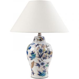 Beliani Lampe de Table &Eacute;l&eacute;gante avec Base en Porcelaine Motif Floral Abat-jour Cloche en Lin Blanc et Bleu Moraca