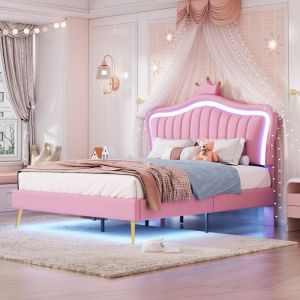 Lit 140x200 cm simili cuir rose t&ecirc;te coquillage avec couronne LED int&eacute;gr&eacute; &ndash; Design ludique et moderne