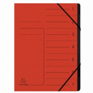 Exacompta Réf. 540705E - Carton de 10 trieurs dos agrafé - avec élastiques - couverture imprimée en carte lustrée et intérieur en carte recyclée noire - 7 compartiments - 24,5x 32 cm - A4 - rouge