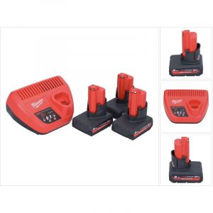 Milwaukee M12 HNRG-503 Batterie Starter Set 3x HB5 High Output 12 V 5,0 Ah / 5000 mAh Li-Ion Batterie (3x 4932480165 ) + M12-C12C Ladegert