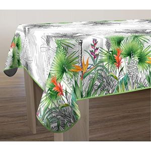 Le linge de Jules Nappe Anti-Taches Fleur de Paradis - Rectangle 150 x 240 cm Noir, Vert, Rose, Orange, Blanc