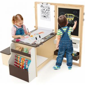 2 en 1 Bureau Enfants en Bois avec Banc & Etagères, Tableau Enfant Double Face Réglable avec Rouleau de Papier & 5 Craies, Chevalet Magnétique pour