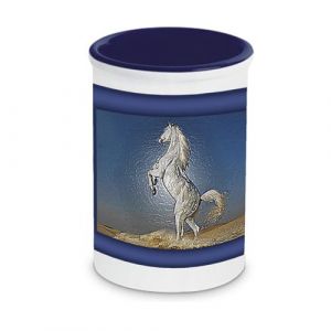 CBKREATION Pot à stylos en céramique Cheval fond bleu Dim : H 13 cm Diam 9 cm