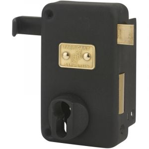 FTH - Boitier de serrure verticale applique AH45, trou de cylindre, tirage, ouverture droite, coffre 75x130mm, axe 70mm, carré 7mm, coffre et tirage noir mat, fouillot et pênes laiton