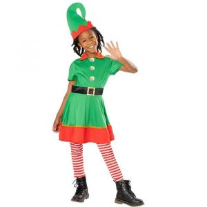 Rubie's D&eacute;guisement Elfe de No&euml;l pour fille, robe, ceinture, bas et bonnet, Elfe pour No&euml;l, fonctions scolaires, f&ecirc;tes, P&egrave;re No&euml;l (taille S 7-8 ans)