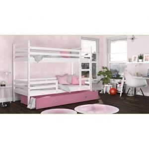 Image de LIT SUPERPOSE MILO 90x190 BLANC + ROSE Livré avec tiroir, 2 sommiers et 2 matelas en mousse de 7cm OFFERTS