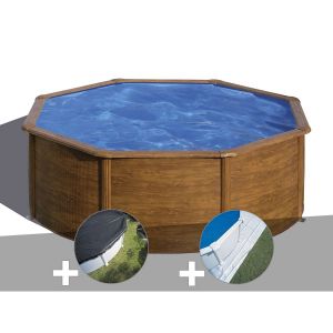 Gre Kit piscine acier aspect bois Pacific ronde 3,70 x 1,22 m + Bâche d'hivernage + Tapis de sol