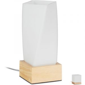 Relaxdays Lampe de table salon et chambre à coucher, en bois et verre opale, E14, veilleuse, prisme, blanc/nature