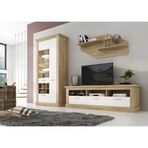 Pegane Ensemble de salon meuble TV + set de 2 etageres murales + vitrine avec LED coloris chene cambrian, blanc -