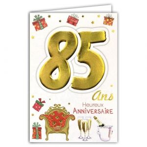 Age Mv 69-2043 Carte Anniversaire 85 ans Homme Femme motif Flutes Bouteille Champagne Fauteuil Trône Cadeaux