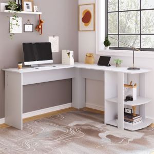 Bureau Informatique - JAERLIUB - Bureau d'Angle en L - 140 cm - Blanc - 2 Étagères
