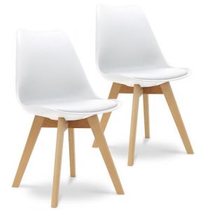 Waytex Lot de 2 Chaises Design Scandinave Dorian Coque Plastique Rigide Blanc Pieds Bois