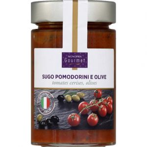 Monoprix gourmet Sauce Sugo pomodorini E olive &agrave; la tomate, aux tomates cerise et aux olives