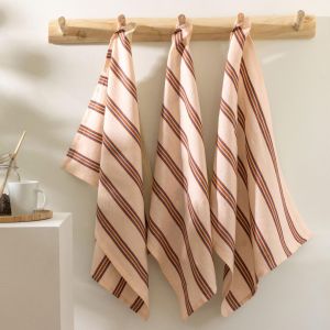 Lot de 3 ou 6 Torchons lin et coton &agrave; rayures SEIGNOSSE - &eacute;cru