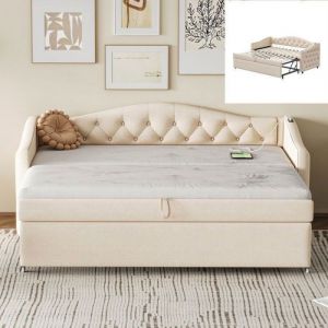 Oem Canap&eacute;-lit gigogne 90x200 cm - Tissu lin beige - Sommier &agrave; lattes - 2 places