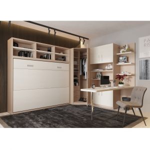 Image de Inside75 Composition armoire lit transversale SKYROS 140 X 200 cm avec rangements et bureau intégré - taupe