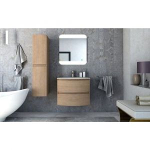Cooke & Lewis Meuble sous vasque à suspendre Vague décor chêne naturel 69 cm + plan vasque en résine blanc