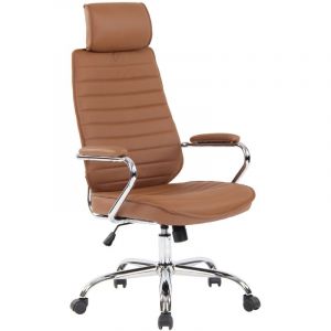 Image de CLP Chaise de Bureau Rako en véritable cuir Piètement en Métal Chromé Ajustable Pivotant, Marron clair