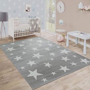 Paco Home - Moderne Poils Ras Tapis Enfant Motif &Eacute;toil&eacute; Chambre D'Enfant &Eacute;toile Gris Blanc 133 cm carr&eacute;