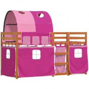 VidaXL Lit superposé avec rideaux rose 90x190 cm bois pin massif, lit, cadre de lit, lit superposé bas, meuble de chambre à coucher