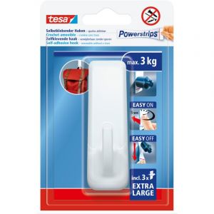 Tesa Powerstrips Crochet Adhésif Mural XL Rectangulaire - Crochet Autocollant à Forte Tenue - Crochet Mural pour la Maison - Montage sans Perçage - Blanc - 1 x Crochet, 3 x Powerstrips XL