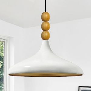 Lampe Suspendue Simple en Coiffe en Bois à Trois Perles Blanc – Lustre Vintage E27 Ø35 cm pour Salon, Chambre ou Salle à Manger