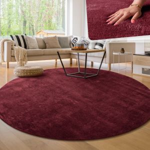 Image de Paco Home - Tapis de salon Unicolore Lavable Pile courte et douce Rouge, 80 cm rond