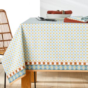 Nappe polycoton recyclé, Augusta Imprimé Bleu/Caramel Taille 150X150 cm;150X200 cm;150X250 cm;150X300 cm