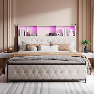 Lit Double 160x200 - Velours Beige - 4 Tiroirs - Chargeur USB/Type-C - LED RGB