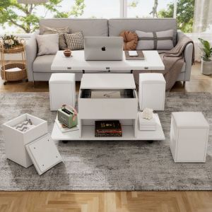 Image de Table Basse - PDZZZD - Relevable et Extensible - Rangement Intégré - 4 Tabourets - Blanc