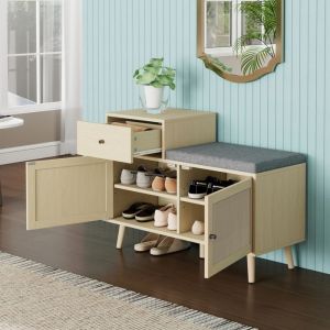 Banc &agrave; Chaussures - Meuble Boh&egrave;me avec 2 Portes en Rotin et Tiroir Assise Rembourr&eacute;e pour Couloir Naturel 90x35x65 cm