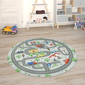 Paco Home - Tapis Chambre Enfant Tapis De Jeux Tapis Bébé Tapis Enfant Route Tapis De Jeux Gris, 80 cm rond