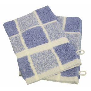 Linandelle Lot de 2 gants de toilette coton bouclette Carreaux CELESTE - Bleu - 15x21 cm