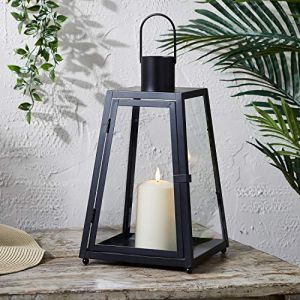 Lights4Fun Lanterne Trap&egrave;ze en Metal Noire avec Bougie TruGlow &agrave; LED Blanc Chaud de 36 cm pour Ext&eacute;rieur