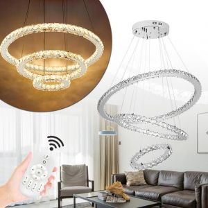 Aufun 96W moderne Plafonnier en cristal LED avec 3 anneaux, Luminaire cr&eacute;atif pour chambre &agrave; coucher, salon(Dimmable, 96W)