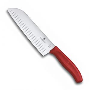Victorinox Swiss Classic, Couteau Santoku professionnel, Lame extra-tranchante, tranchant en forme de bulbe, 17 cm, Manche plastique robuste, Acier inoxydable, rouge